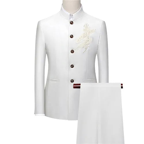 Men's White Single Breasted Stand Up Collar Suit 2-Piece, Chinese Style Red Slim-Fit Blazer Coat and Pants, Black, Blue, Yellow.