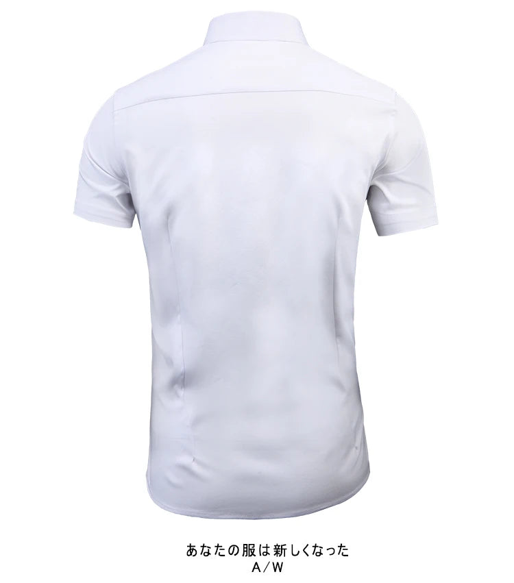 Anti-Wrinkle No-Ironing Elasticity Slim Fit Men Dress Casual Short Sleeve Shirt White Black Blue Red Male Social Formal Shirts