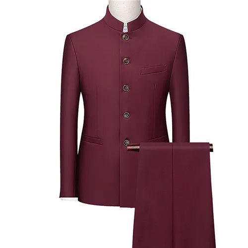 Men's White Single Breasted Stand Up Collar Suit 2-Piece, Chinese Style Red Slim-Fit Blazer Coat and Pants, Black, Blue, Yellow.