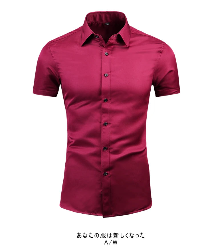 Anti-Wrinkle No-Ironing Elasticity Slim Fit Men Dress Casual Short Sleeve Shirt White Black Blue Red Male Social Formal Shirts