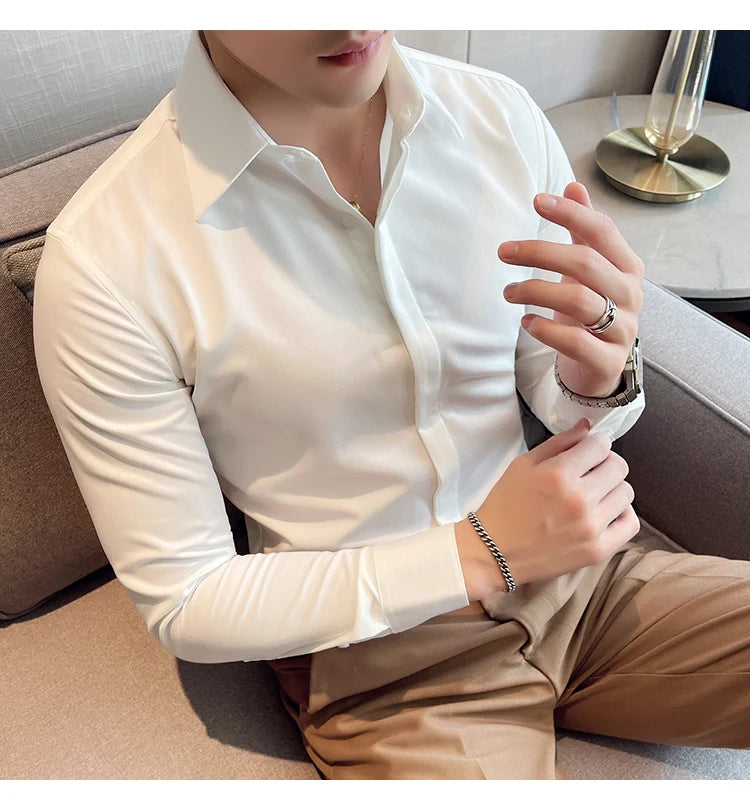 British Style Autumn Solid Shirt for Men Pointed Collar Long Sleeved Casual Shirts Fashion Business Formal Dress Shirts M-4XL