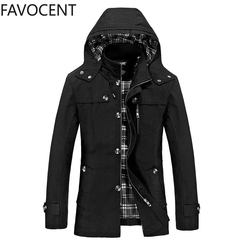 Spring and Autumn New Men's Large Size Trench Coat Korean Version of The Slim Long Men's Hooded Coat Men's Coat Thick Cotton