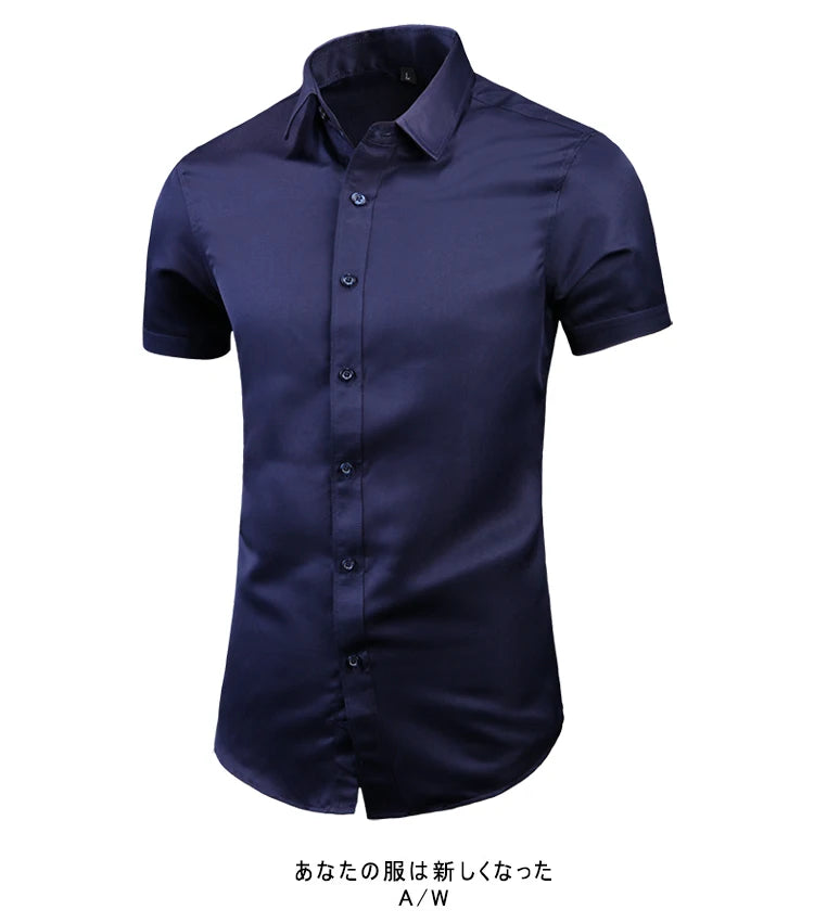 Anti-Wrinkle No-Ironing Elasticity Slim Fit Men Dress Casual Short Sleeve Shirt White Black Blue Red Male Social Formal Shirts