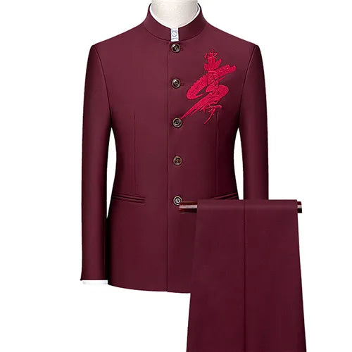 Men's White Single Breasted Stand Up Collar Suit 2-Piece, Chinese Style Red Slim-Fit Blazer Coat and Pants, Black, Blue, Yellow.