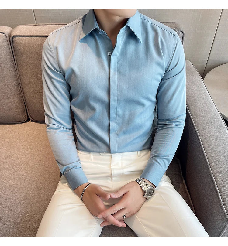 British Style Autumn Solid Shirt for Men Pointed Collar Long Sleeved Casual Shirts Fashion Business Formal Dress Shirts M-4XL