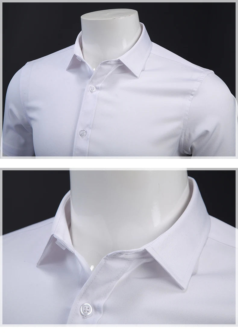 Anti-Wrinkle No-Ironing Elasticity Slim Fit Men Dress Casual Short Sleeve Shirt White Black Blue Red Male Social Formal Shirts