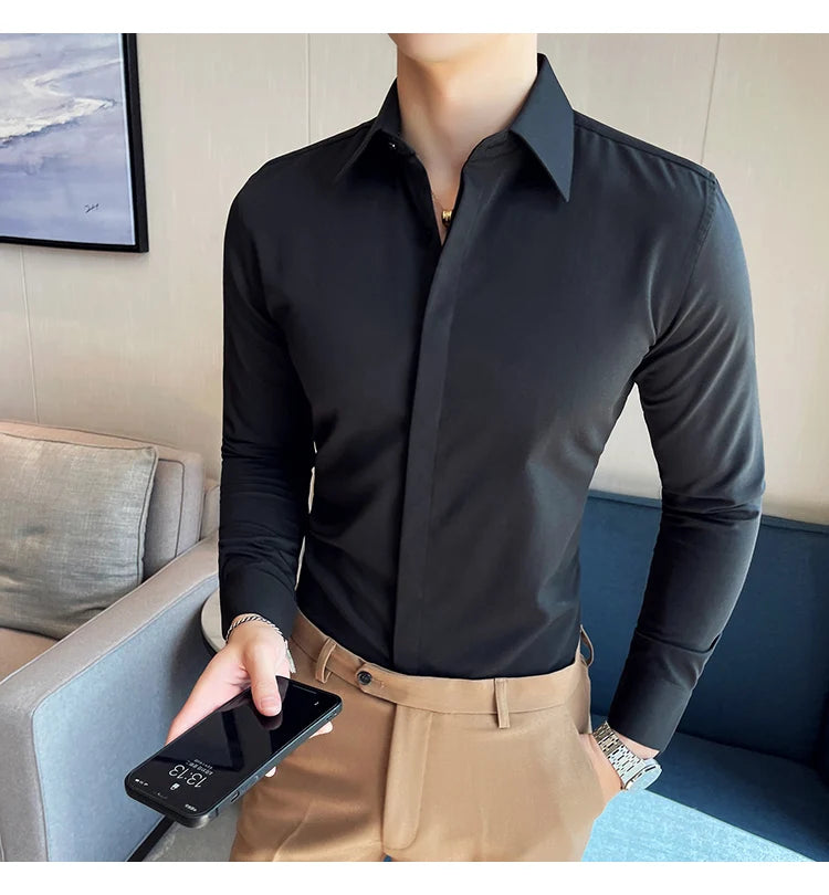 British Style Autumn Solid Shirt for Men Pointed Collar Long Sleeved Casual Shirts Fashion Business Formal Dress Shirts M-4XL