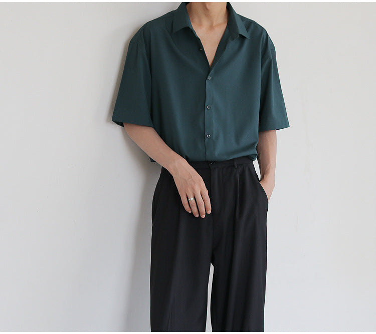 Summer Short Sleeve Shirts for Men Thin Luxury Business Casual Loose All-match Dark Green Harajuku Half-sleeved Men Dress Shirt