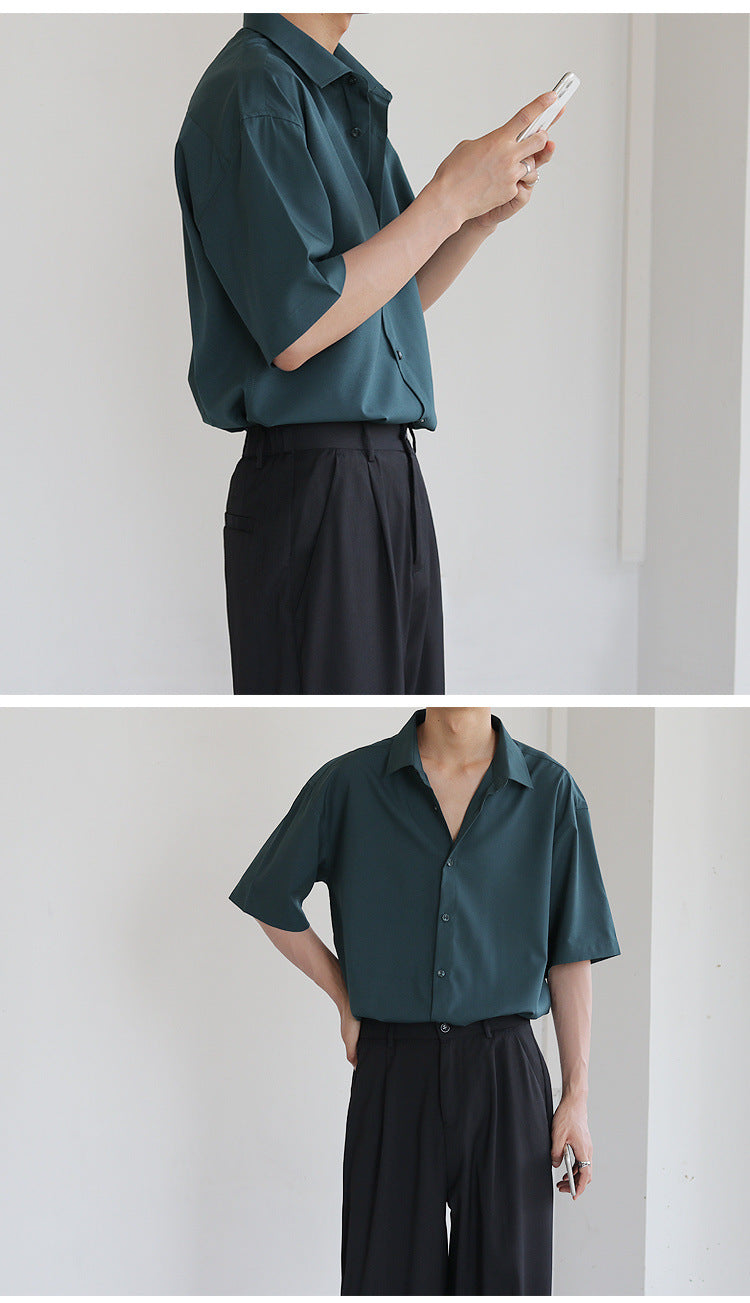 Summer Short Sleeve Shirts for Men Thin Luxury Business Casual Loose All-match Dark Green Harajuku Half-sleeved Men Dress Shirt
