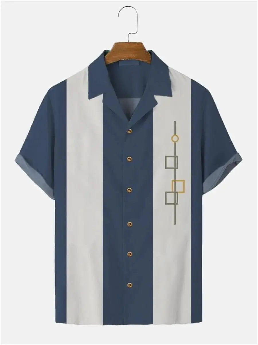 Stripes Simple Casual Dress Shirts European Size Men's Hawaiian Fashion Short Sleeve Loose Breathable Top Button Summer
