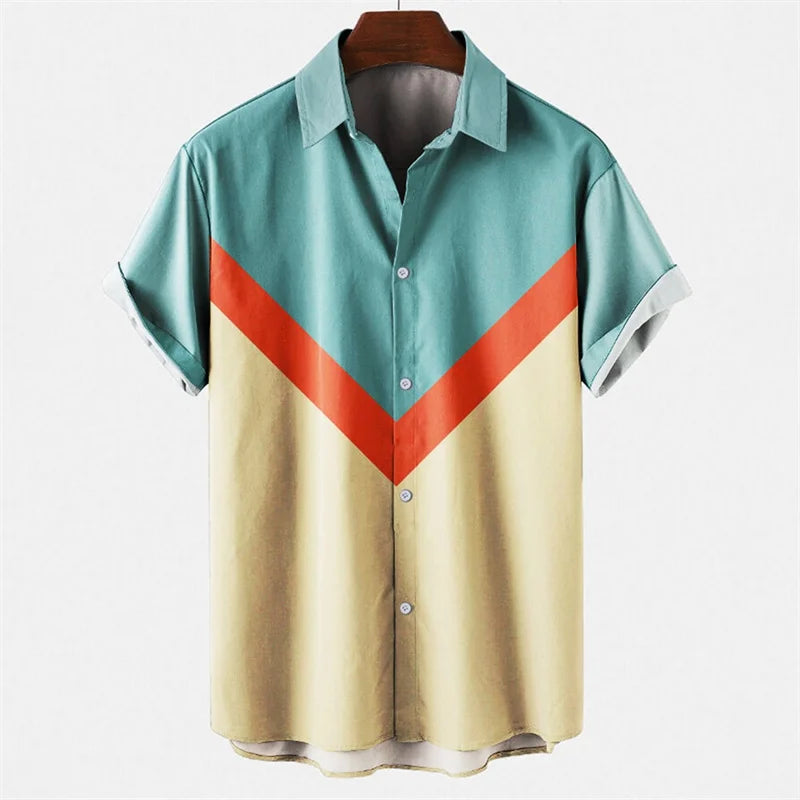 Mens Hawaiian 3d Stripe Print Shirt Harajuku Summer Fashion Short Sleeves Casual Beach Vacation Button Loose Aloha Shirts
