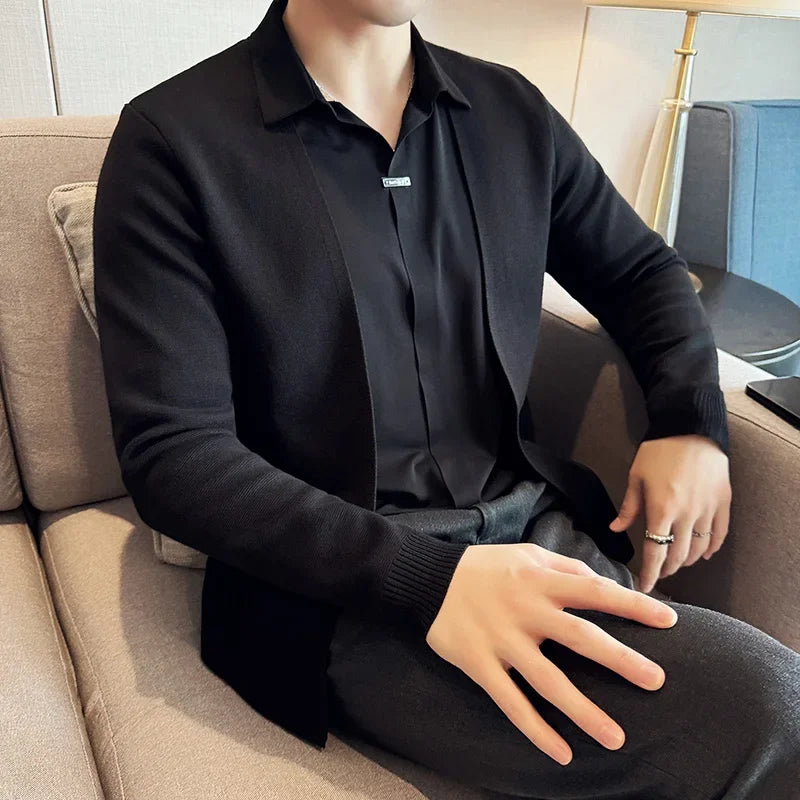 Men Fake Two Pieces Cardigan Sweater 2024 Autumn New Shirt Collar No Trace Casual Sweaters Slim Fit Pull Homme 4XL Mens Clothing