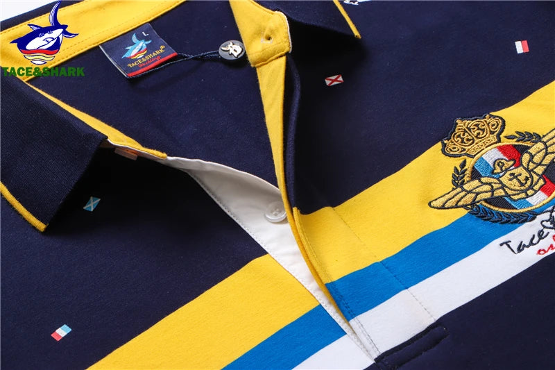 TACE&SHARK Fashion Stripe Shark Embroidery Polo Shirt Summer Men Business Shark Polos Tops Mens Casual Slim Fit Clothing