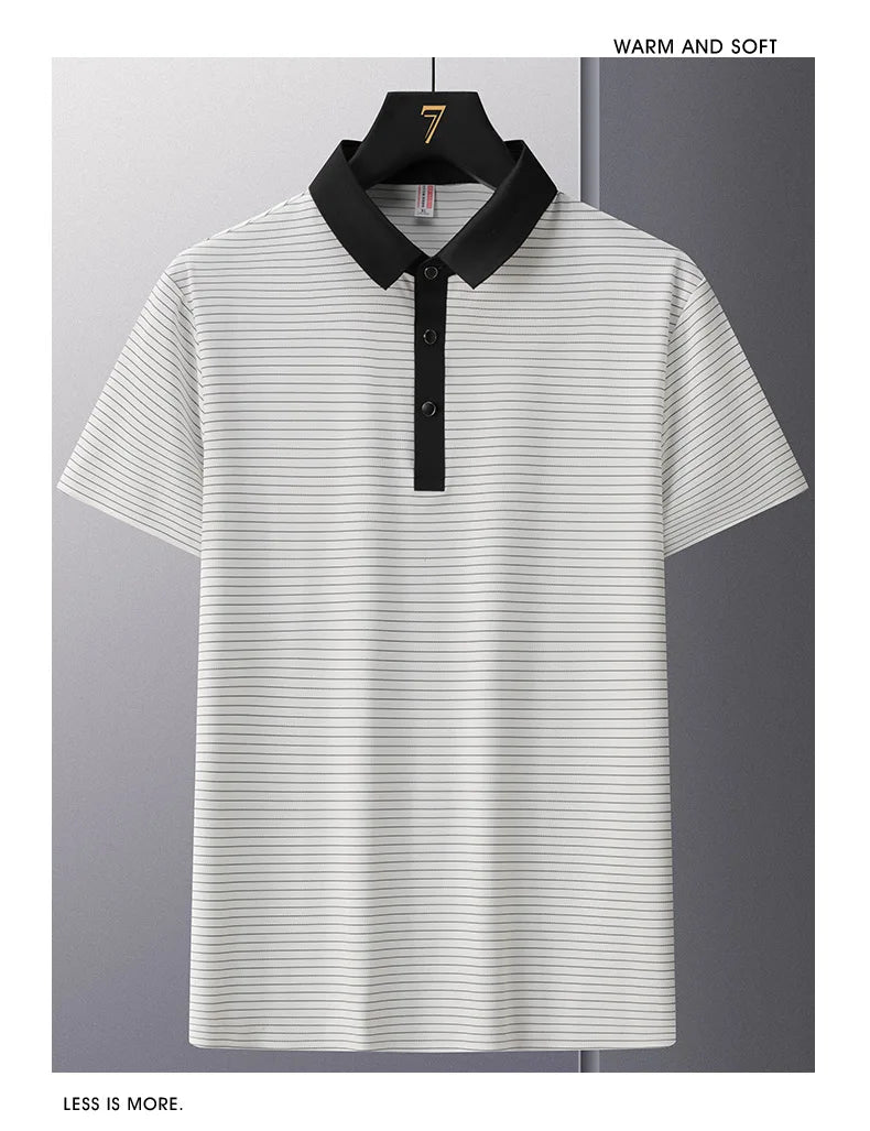 Men's Polo Shirt Summer New Lapel Men's Short Sleeve Polo Shirt Striped Ice Silk Business Casual Men's Polo Shirt M-6XL 7XL 8XL