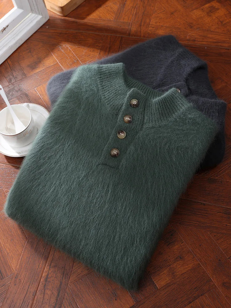 Men 100% Mink Cashmere Sweater Mock Collar Pullover with Button Autumn Winter Thicken Knitwear Smart Casual Skin Kindly Clothing