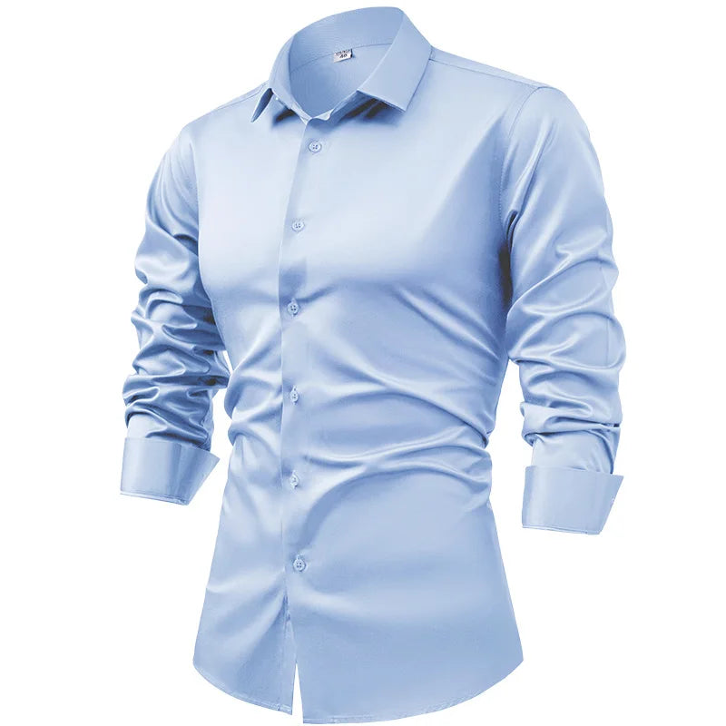 2025 Spring Autumn Royal Blue Silk Satin Long-sleeved Dress Shirts for Men, Navy Blue Business Casual Non-iron Wrinkle Camisas