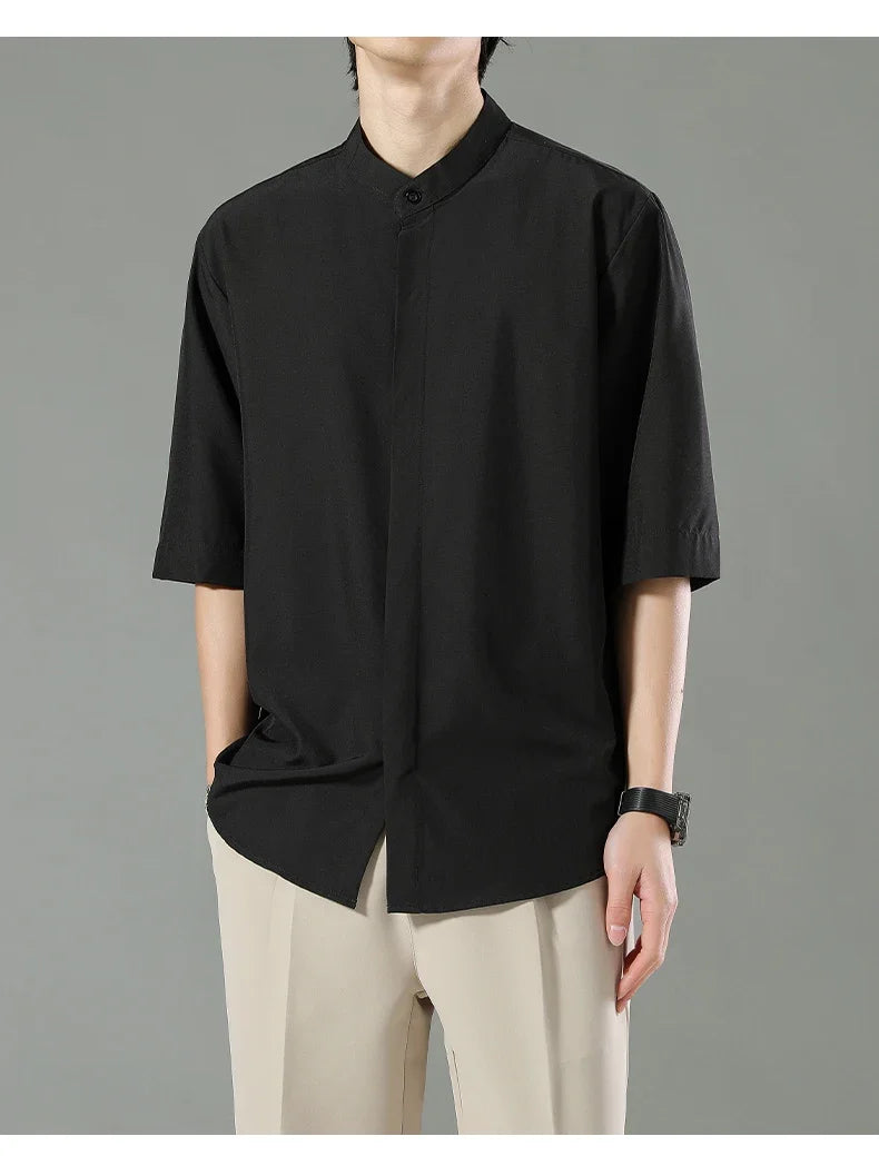 Summer Thin Short-sleeved Shirts Men Japanese Style Loose Stretch Business Casual Shirts Male No-iron Stand Collar Formal Tops