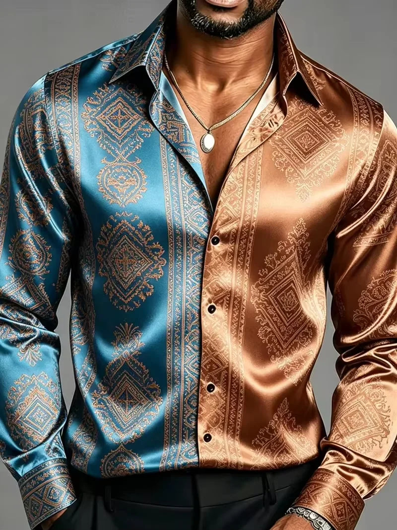 Satin Silk Long Sleeve Baroque Floral Printed Men Dress Shirts Slim Fit Party Nightclub Casual Formal Tops