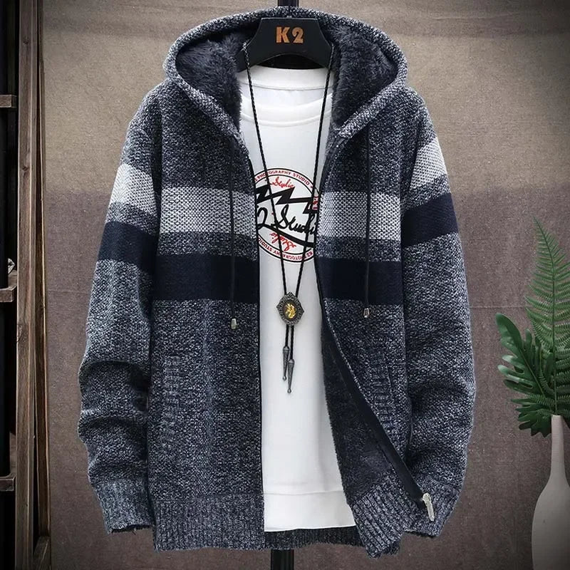 Customizable Striped Mens Sweater Coat Thick Fleece Warm Zipper Wool Hooded Cardigan Jumpers Men Long Sleeve Knitted Sweaters