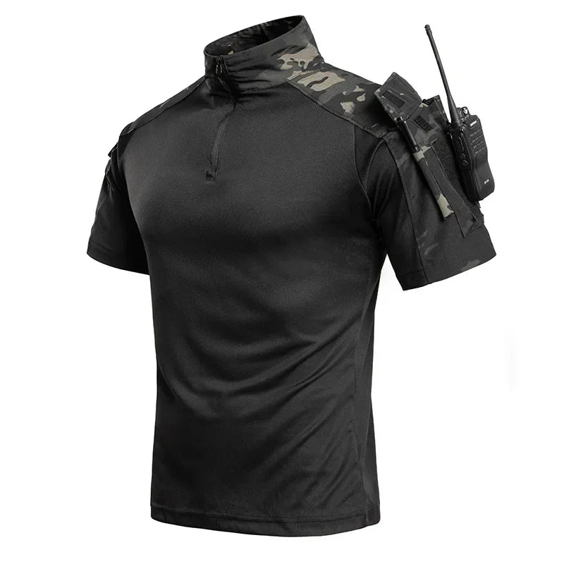 Summer Breathable Quick Dry Mens Tactical Combat Short Sleeve T-Shirts Half Zip Stand Collar Radio Pen Storage Arm Pocket Tee