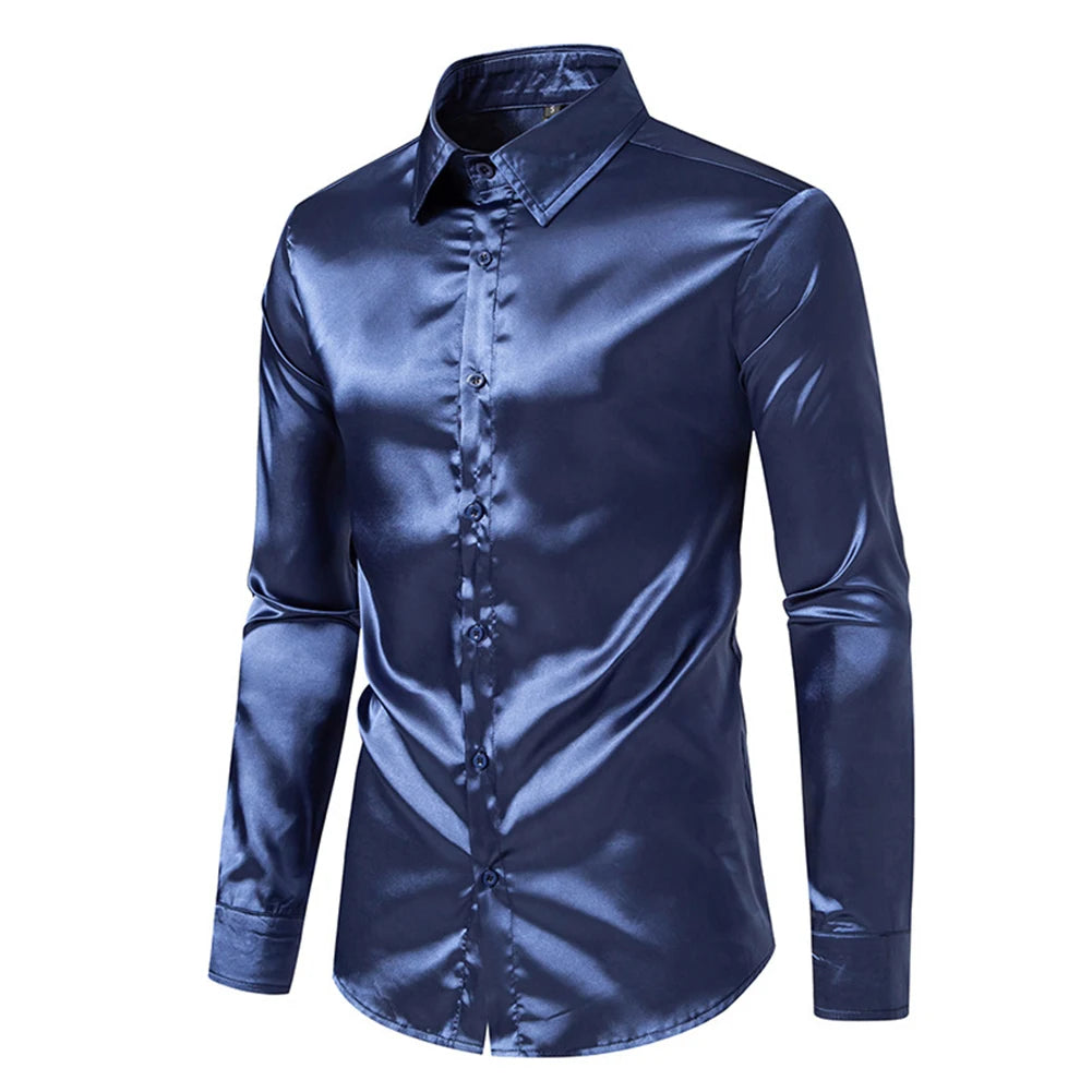 Men's Casual Satin Silk Shirts Single Breasted Button Lapel Collar Dress Shirt Slim Fit Fashion Party Long Sleeve Tops Clothing