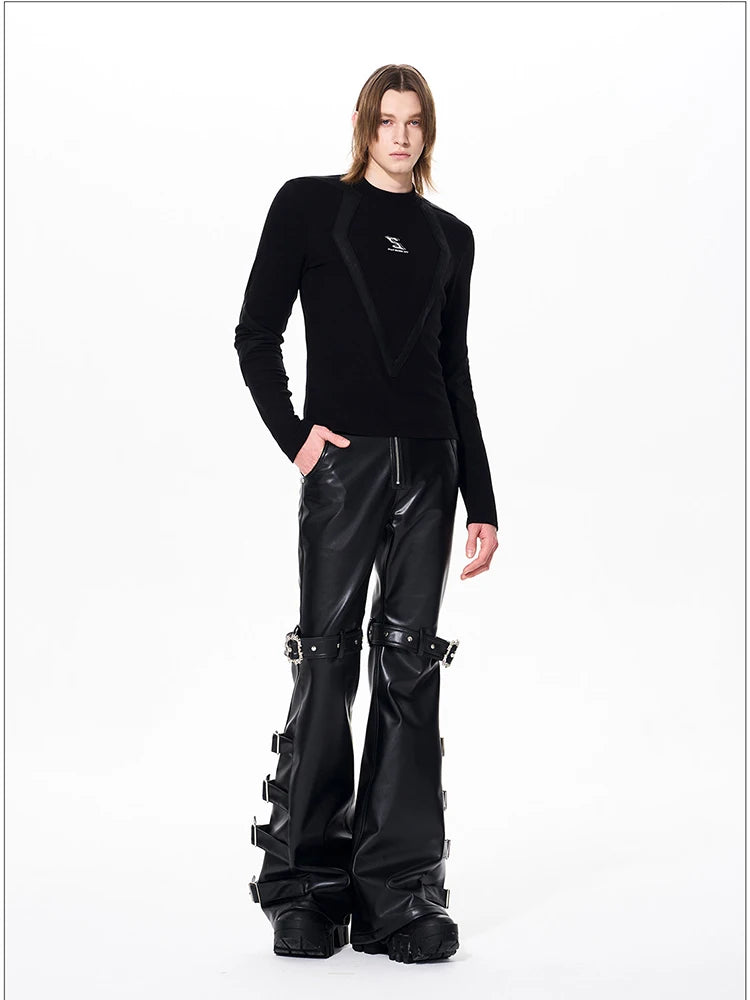 Mauroicardi Spring Autumn Cool Handsome Long Black Pu Leather Flare Pants for Men Rivet Luxury Designer Alternative Emo Clothes