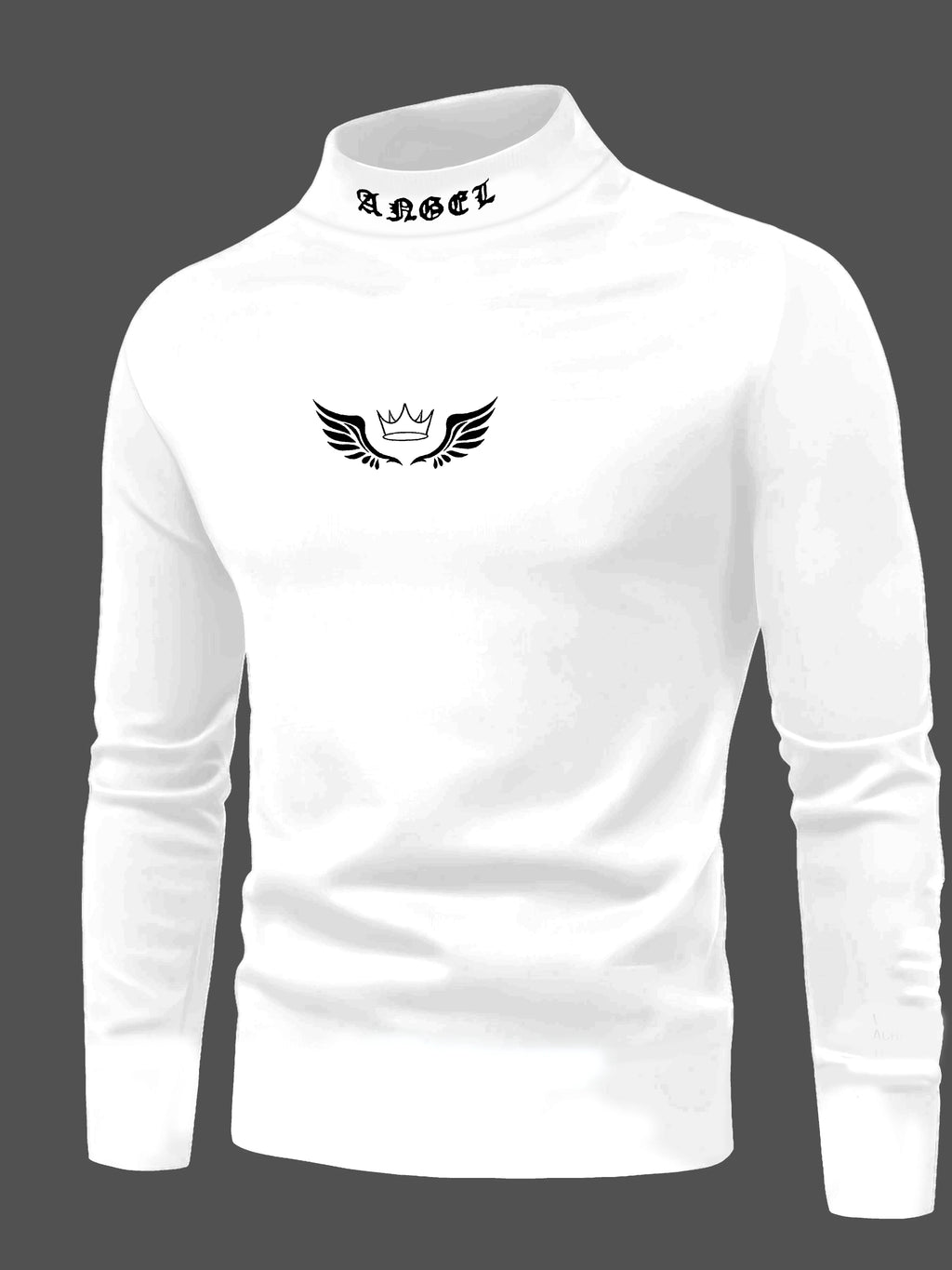 Men's Autumn and Winter Season T-Shirt with Angel Wings, Letter Print on the Neckline, Casual and Comfortable Long-Sleeve Crew N