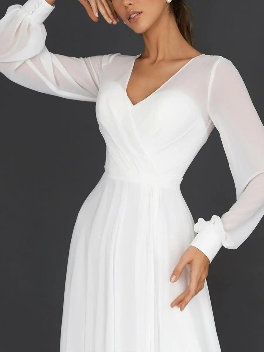 Long Dress Women Wedding V Neck Sexy Full Sleeve High Waist Solid A Line Mid Length Dresses Simple Elegant Gown Vestidos
