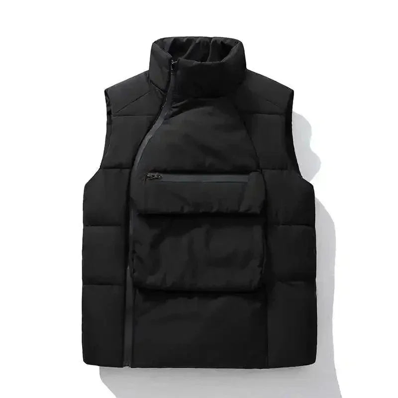 Round Neck Vest Men's Autumn Winter Padded Thickened Thermal Vest Wearing Japanese Fashion Side Zipper Sleeveless Coat Pullover