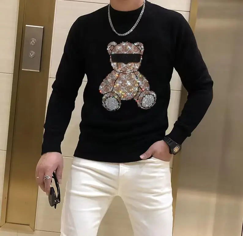 Sweater men designer new round neck luxury brand rhinestones casual top winter plush thick warm knit pullover fashion men's wear