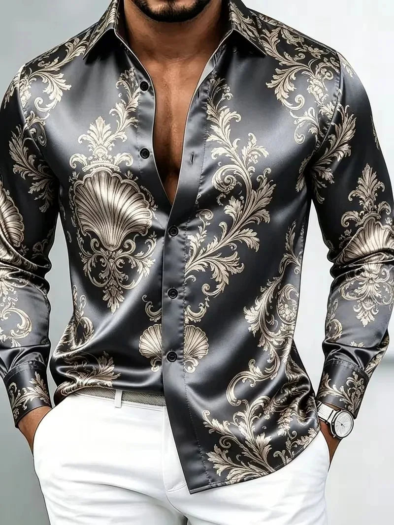 Satin Silk Long Sleeve Baroque Floral Printed Men Dress Shirts Slim Fit Party Nightclub Casual Formal Tops