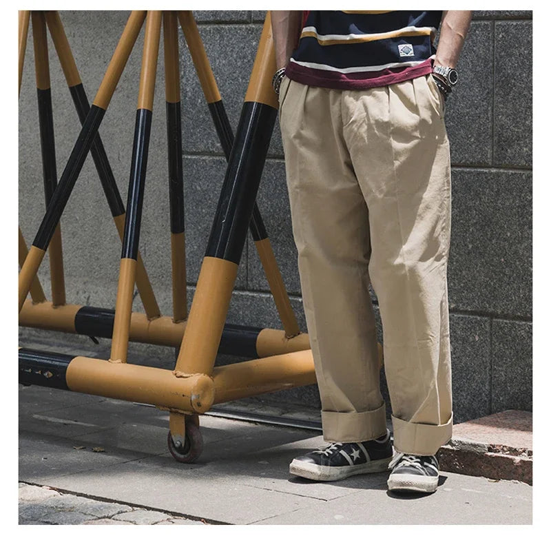 Non Stock Pleated Slacks Summer Spring Relaxed Straight Casual Pants Men Khakis