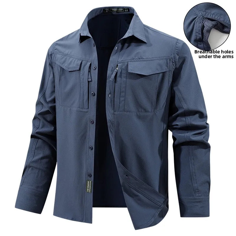 New Fashion Men Outdoor Elastic Quick Drying Ventilation Cargo Shirts Male Long Sleeves Thin Breathable Comfortable Shirts XXL