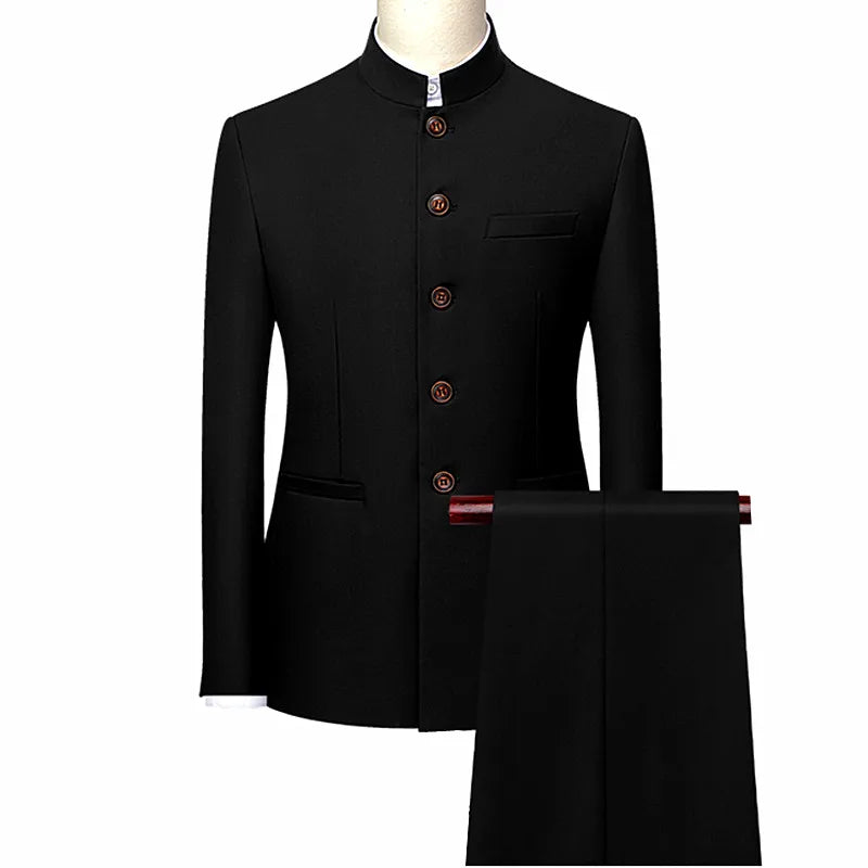 Men's White Single Breasted Stand Up Collar Suit 2-Piece, Chinese Style Red Slim-Fit Blazer Coat and Pants, Black, Blue, Yellow.