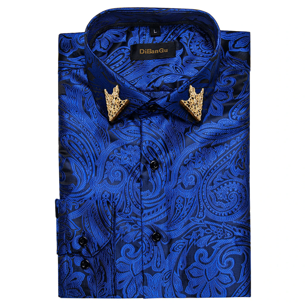 Brand New Men's Royal Blue Business Shirts Luxury Fashion Paisley Long Sleeve Turn-Down Collar Social Shirt Male Casual Blouse