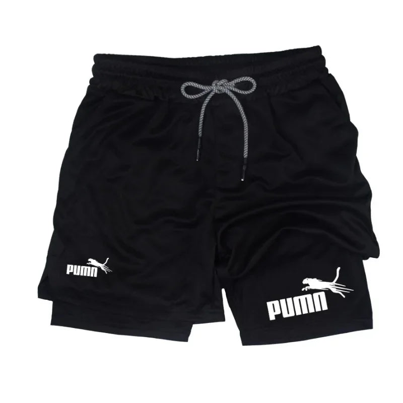 Men's Quick Dry Breathable 2-in-1 Double Layer Sports Shorts, Elastic Compression Liner Athletic Shorts