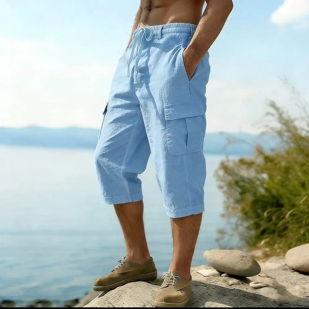 Men Summer Cotton Linen Shorts Retro Multi Pocket Loose Casual Shorts Thin Breathable Outdoor Fishing Travel Beach Short Pants