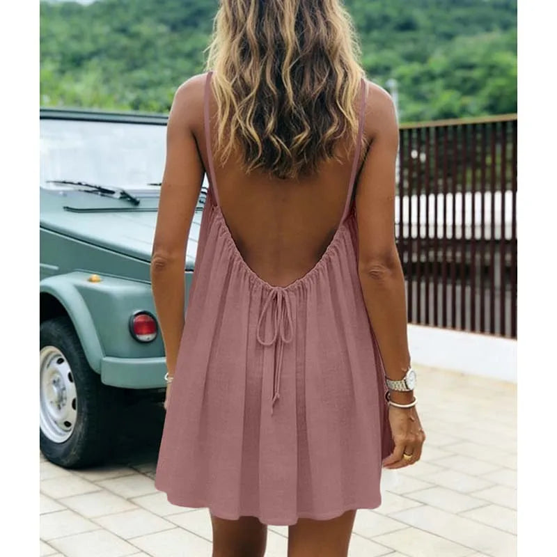 Women's Dress 2026 Summer Arrival Solid Color Fine Strap Flowing A-Line Skirt Casual Vacation Style with Elegant Backless Design