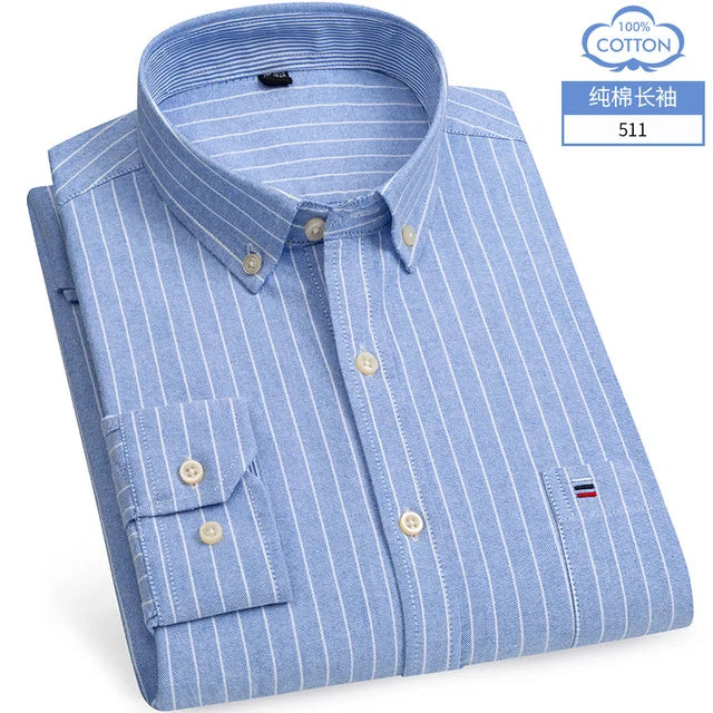Cotton Oxford Shirt For Men Long Sleeve Plaid Striped Casual Shirts Male Pocket Regular-Fit Button-Down Work Man Dress Shirt