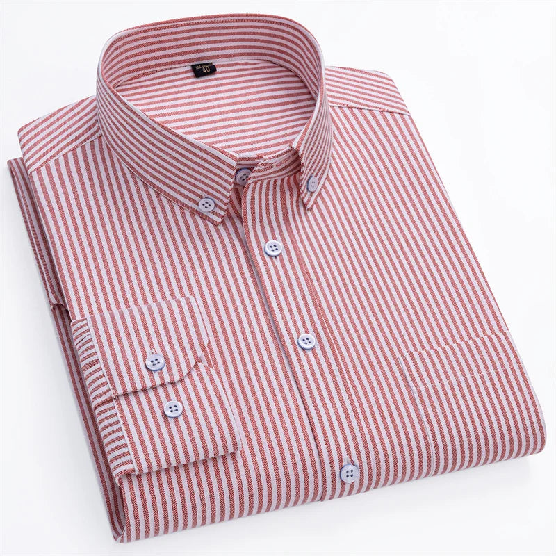 New Fashion Men's Oxford Shirts Long Sleeves Cotton Stripe Thin Soft Regular Fit Formal Shirt Pocket Social Blouse Male Clothing