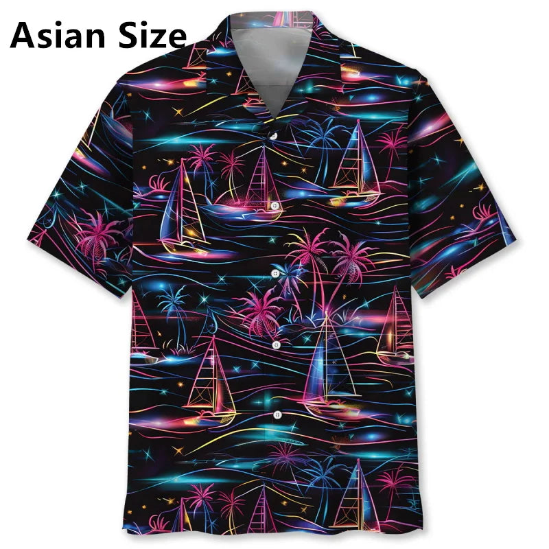 Men's Sailboat Tropical Flower Hawaiian Shirt Clothes Full Print Summer Short Sleeve Beach Shirts Blouse Men's Button Up Shirts