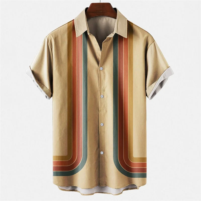 Mens Hawaiian 3d Stripe Print Shirt Harajuku Summer Fashion Short Sleeves Casual Beach Vacation Button Loose Aloha Shirts
