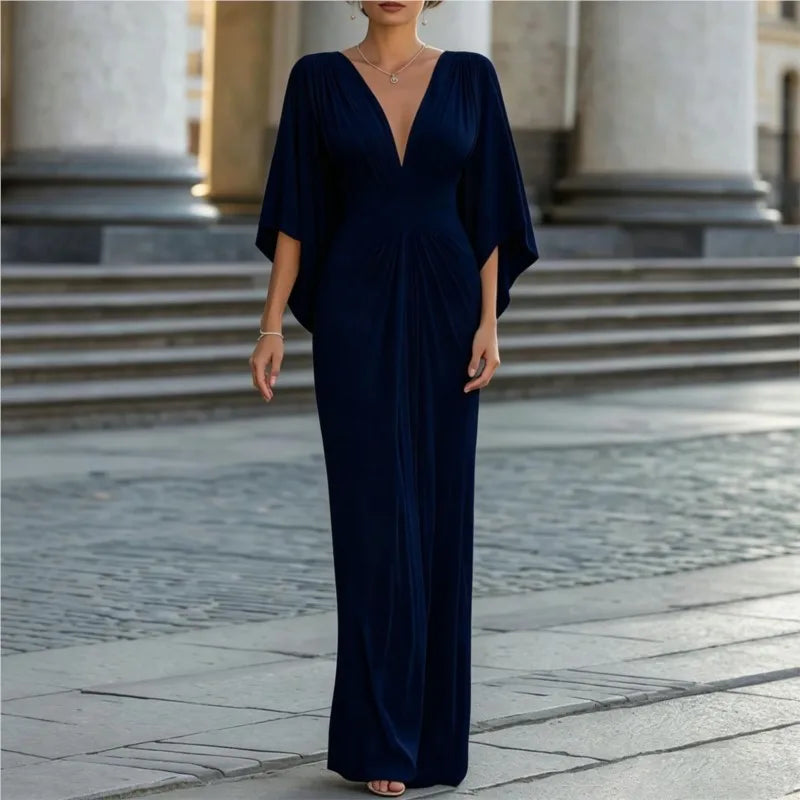 Elegant Evening Party Dress For Woman Simple Solid Color Deep V-neck High Waisted Vestidos Fashion Batwing Sleeve Long Dresses