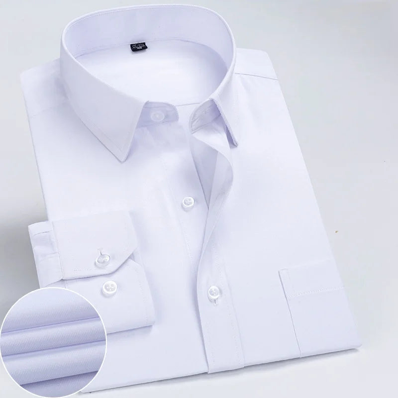 Business Dress Shirt Men's Long-sleeve Autumn Spring Fashion Solid Casual Formal White Work Office Simple Basic Man Clothe S-7XL
