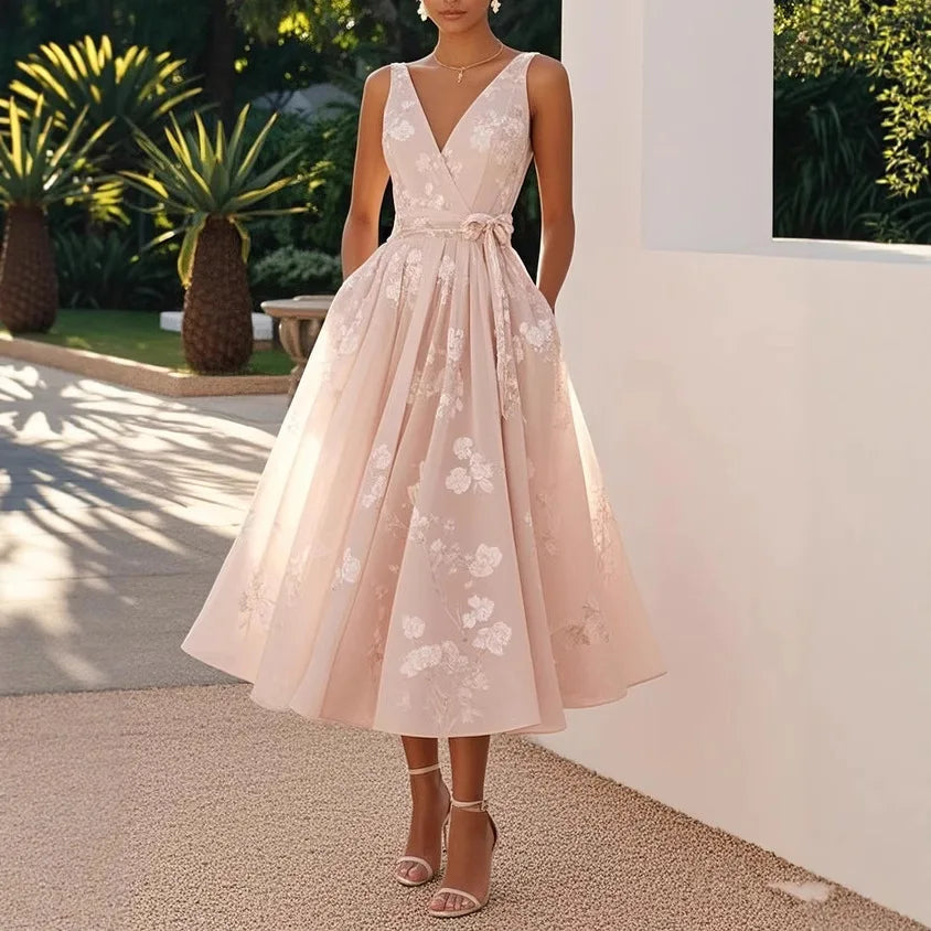 2026 Women's Dress Banquet Evening Dress Sleeveless Vest V-Neck Printed Dress