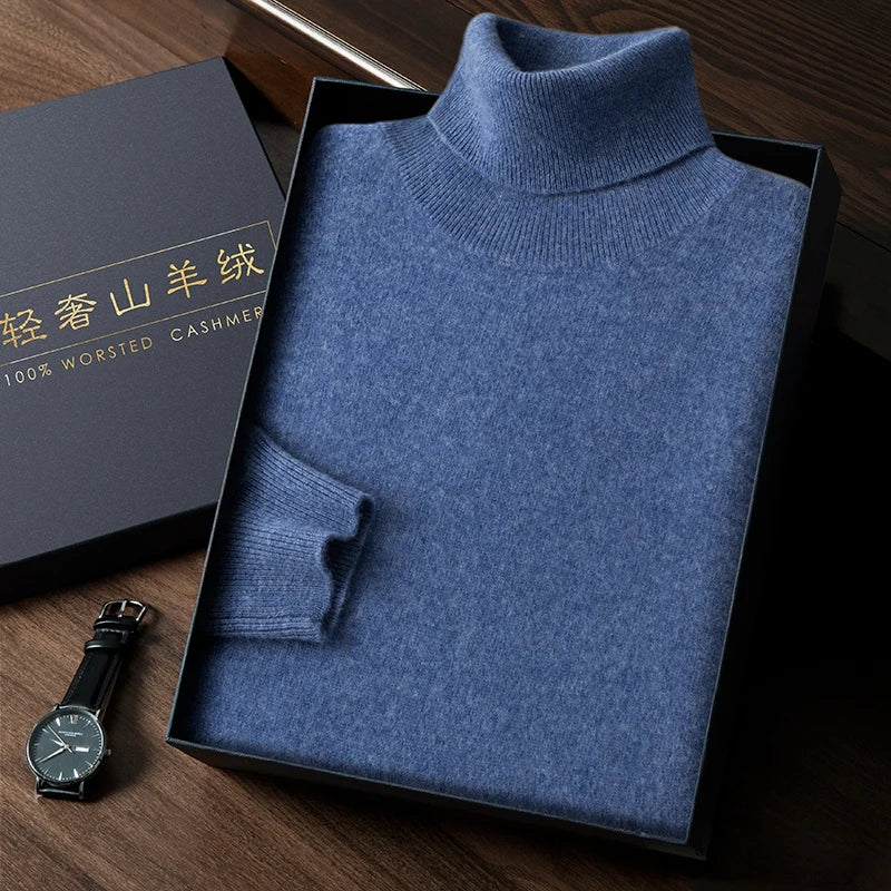Turtleneck 100% Cashmere Sweater Men Pullover Knitwear Basic Style Autumn Winter Clothes High-end Soft Business Office Tops