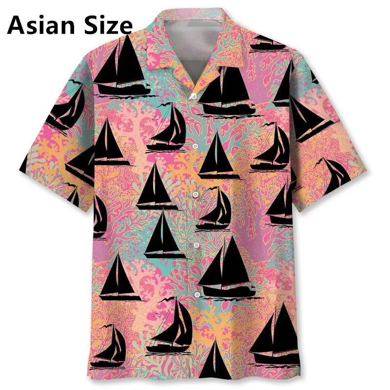 Men's Sailboat Tropical Flower Hawaiian Shirt Clothes Full Print Summer Short Sleeve Beach Shirts Blouse Men's Button Up Shirts