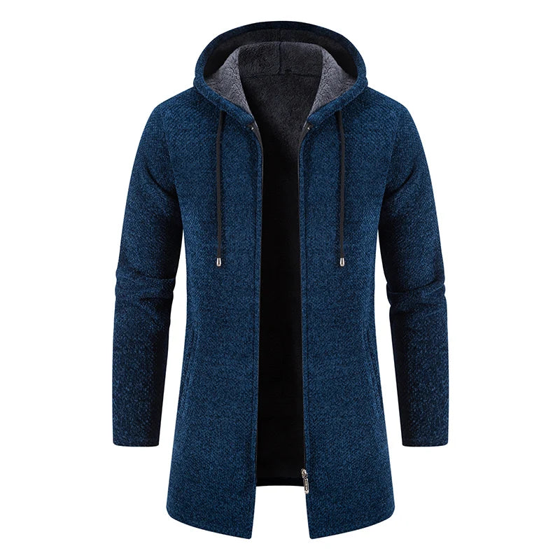 Men Winter Long Trench Coat 2023 Knit Sweater Jacket Fleece Wind Breaker Navy Turn-down Hoodies Zipper Cardigan Male Overcoat