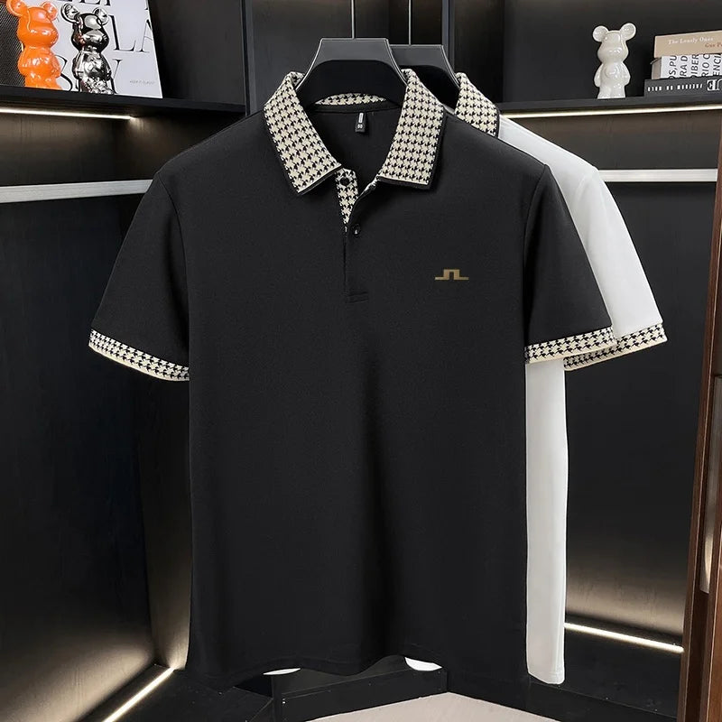 Men Contrast Collar Polo Shirt Short Sleeve Houndstooth Trim Casual Summer Top Breathable Pique Tee Regular Fit Fashion Shirt