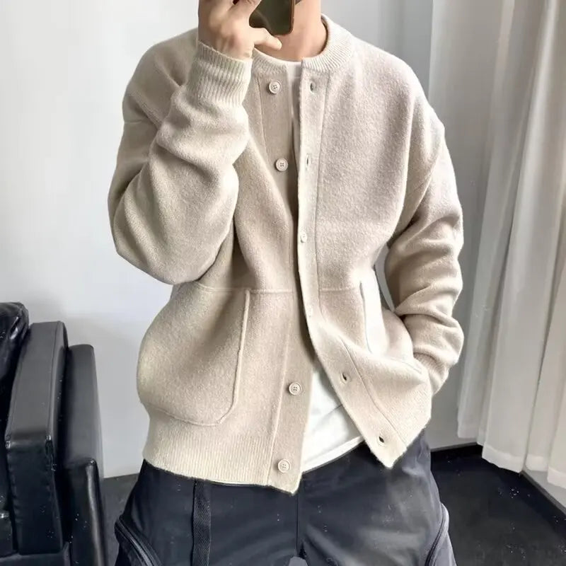 Thickened Knitted Cardigan Men's New Autumn Winter Trendy Crew Neck Sweater korean Pure Color Simple Design Cool Youth Sweater